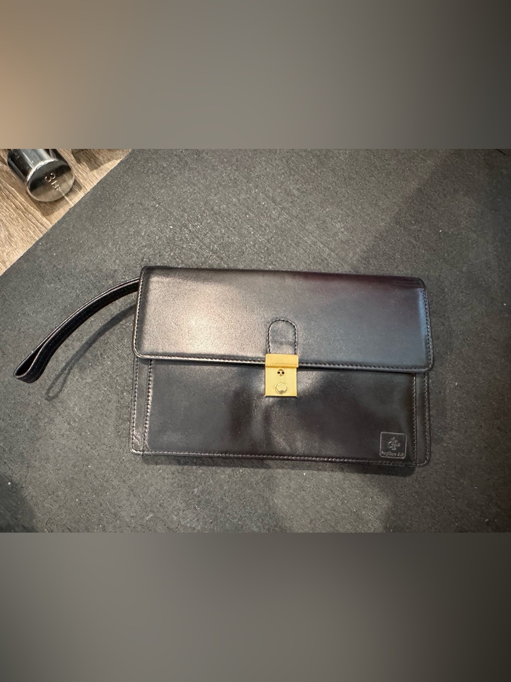 Black Leather Wristlet Clutch with Gold Turn-Lock